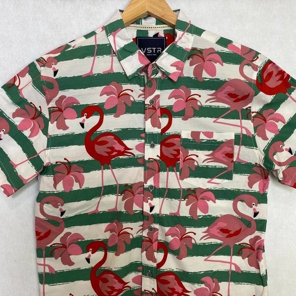 VSTR Other - VSTR Button Up Shirt Collar Flamingo Pattern Striped Green White Short Sleeve L